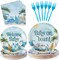 96 Pcs Surf Baby Shower Decorations Baby On Board Shower Plates and Napkins Disposable Surfboard Tableware Set(Blue)